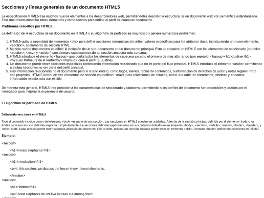 Secciones y líneas generales de un documento HTML5 screenshot
