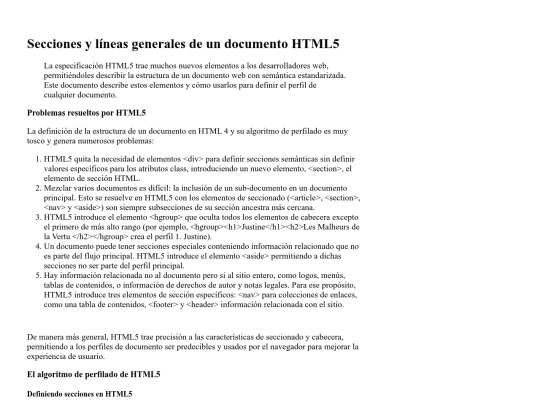 Secciones y líneas generales de un documento HTML5 screenshot