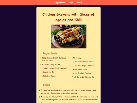 food recipe website/Chicken Skewers screenshot