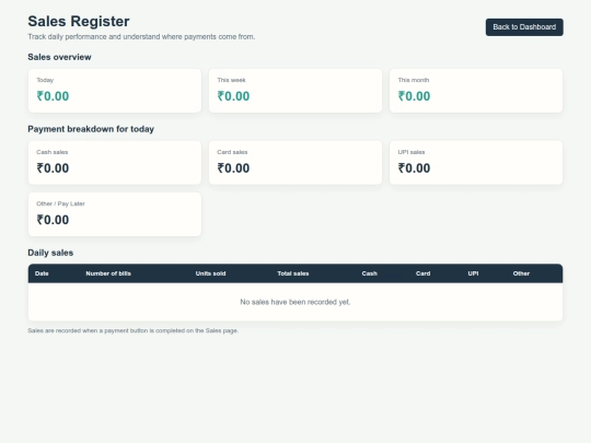billing software/sales register screenshot