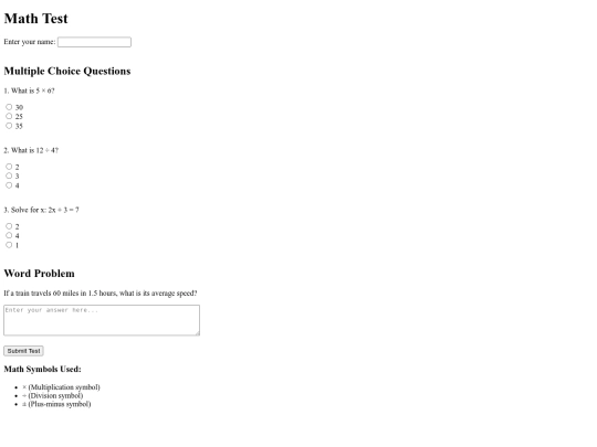Math Test Form Assignment screenshot