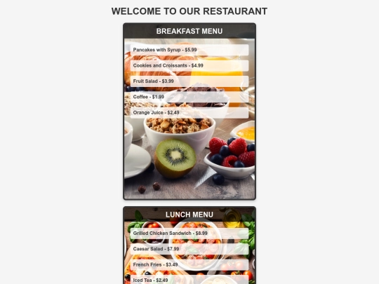 Restaurant Menu Assignment screenshot