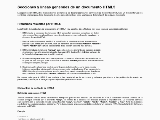 Secciones y líneas generales de un documento HTML5 screenshot