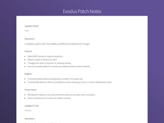 Exodus/PatchNotes screenshot