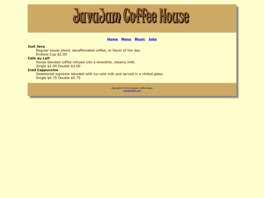 javajamcoffeehouse/menu screenshot