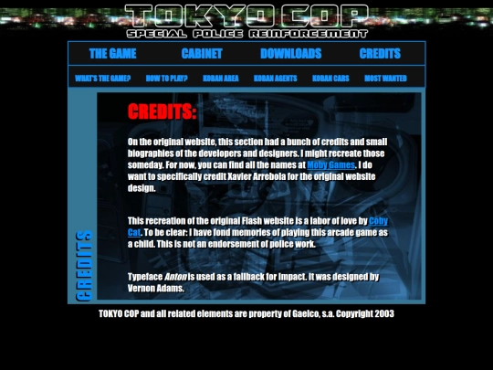 misc-articles/centerparcs/tokyocop/credits screenshot