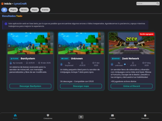 LynxCraft/application/v1.0.0/Inicio screenshot