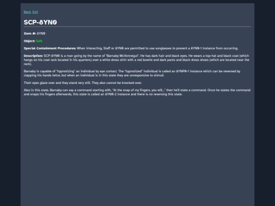 Cosmicaverse/Title Pending/SCP_Database/SCP-8YN0_Worlds_Greatest_Hypnotist screenshot