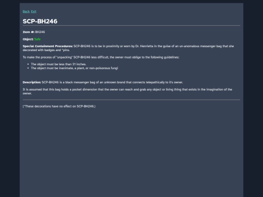 Cosmicaverse/Title Pending/SCP_Database/SCP-BH246_Bottomless_Pit_in_a_Bag screenshot