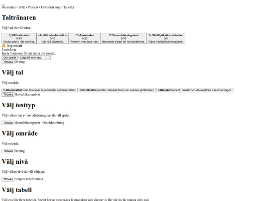 Taltränaren – träna decimaler, bråk, procent, huvudräkning och tabeller screenshot