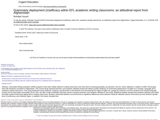 PDF/Journals on AWE/Grammarly deployment in efficacy within EFL academic writing classrooms an attitudinal report from Afghanistan screenshot