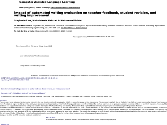 PDF/Journals on AWE/Impact of automated writing evaluation on teacher feedback student revision and writing improvement screenshot