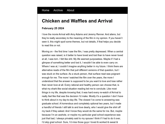 posts/Chicken-and-Waffles-and-Arrival screenshot