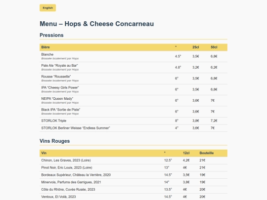 menu HOPS and Cheese FR EN screenshot