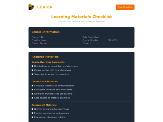 now/library/course-approval/learning-materials-checklist screenshot