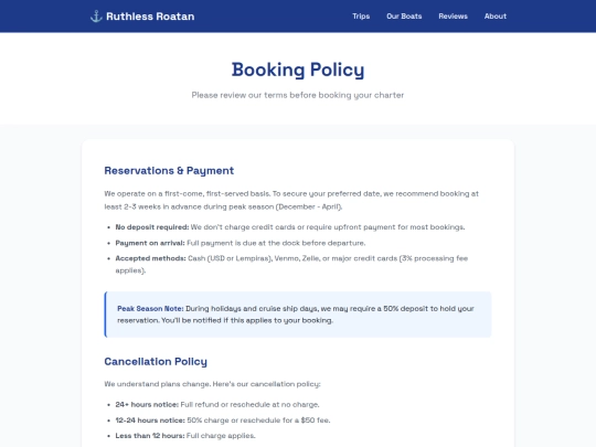 roatan/ruthless/booking-policy screenshot