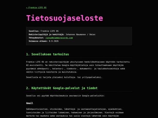 frankie/tietosuoja screenshot