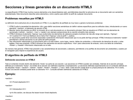 Secciones y líneas generales de un documento HTML5 screenshot