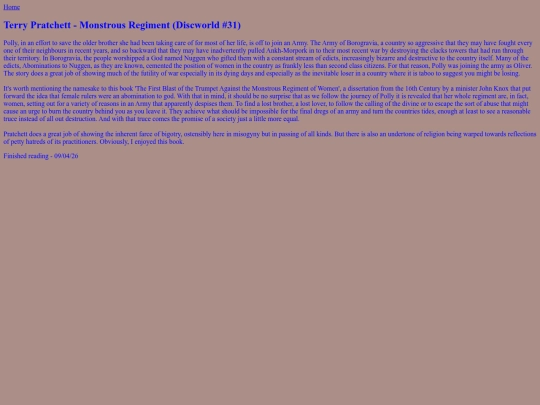 BooksRead/MonstrousRegiment screenshot
