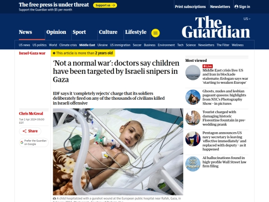 Gaza/Doctors/‘Not a normal war’： doctors say children have been targeted by Israeli snipers in Gaza ｜ Israel-Gaza war ｜ The Guardian (4_22_2026 10：44：45 PM) screenshot