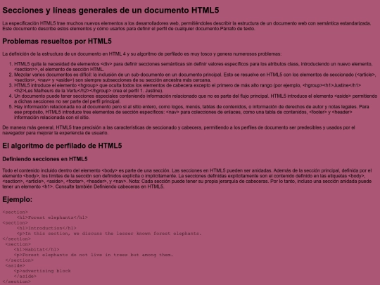 Secciones y líneas generales de un documento HTML5 screenshot