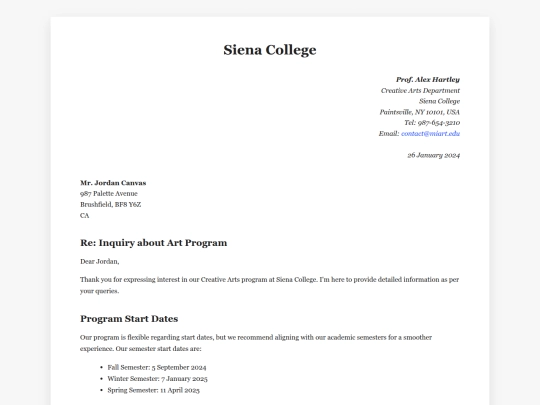 siena_college_art_program_letter_webpage screenshot