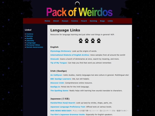 links/language screenshot