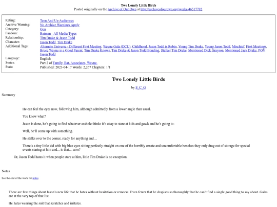 dc comics fics/Two Lonely Little Birds screenshot