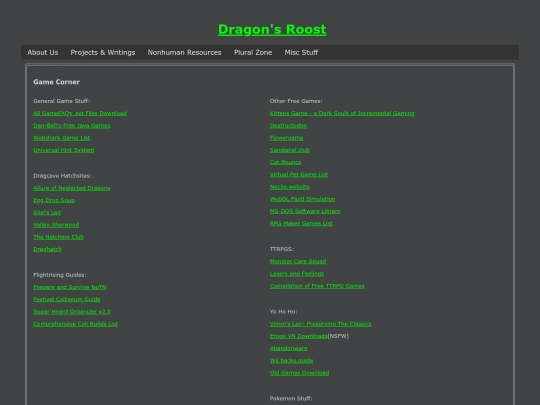 extras/links/games screenshot
