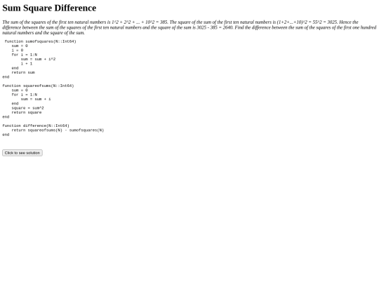 projecteulerhtml/006SumSquareDifference screenshot