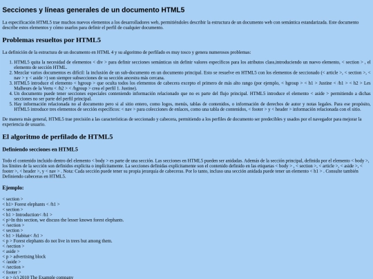 Secciones y líneas generales de un documento HTML5 screenshot