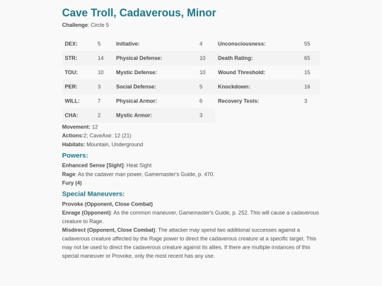 earthdawn/outputs/html/Cave_Troll_Cadaverous_Minor screenshot