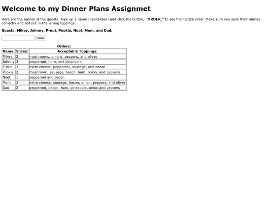 dinnerplansassignment screenshot