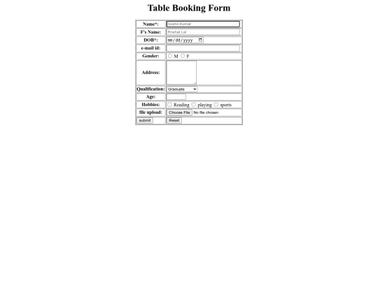 Table booking form screenshot