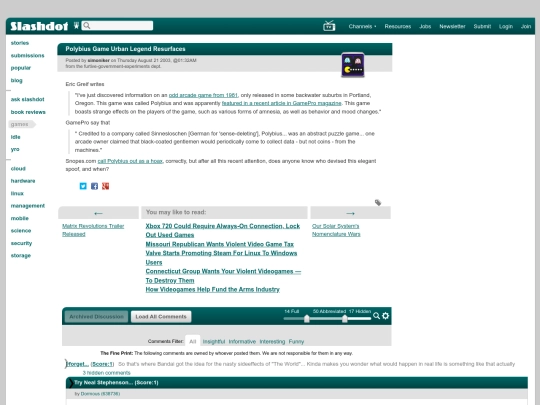 websites/slashdot/Polybius Game Urban Legend Resurfaces - Slashdot screenshot