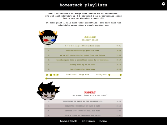 shrines/homestuck/playlists screenshot