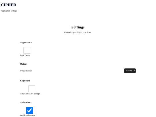 cipher/settings screenshot
