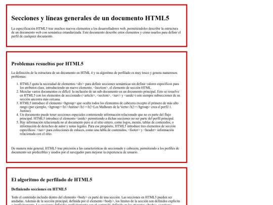 pages/secciones y líneas html5 screenshot