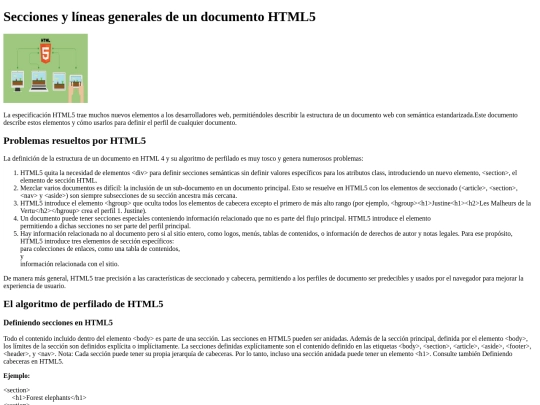 Secciones y líneas generales de un documento HTML5 screenshot