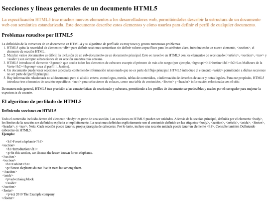 Secciones y líneas generales de un documento HTML5 screenshot