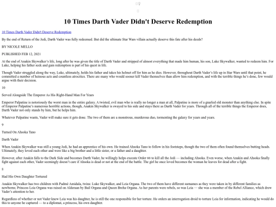 Articles/10TimesDarthVaderDidntDeserveRedemption screenshot