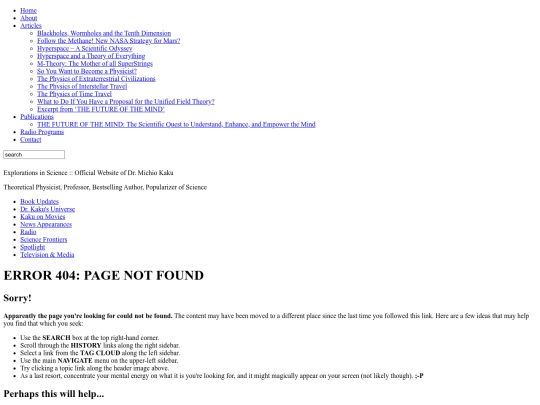 Page not found _ Explorations in Science __ Official Website of Dr. Michio Kaku screenshot