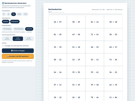 tools/Allgemein_tools/Rechenkarten-Generator screenshot