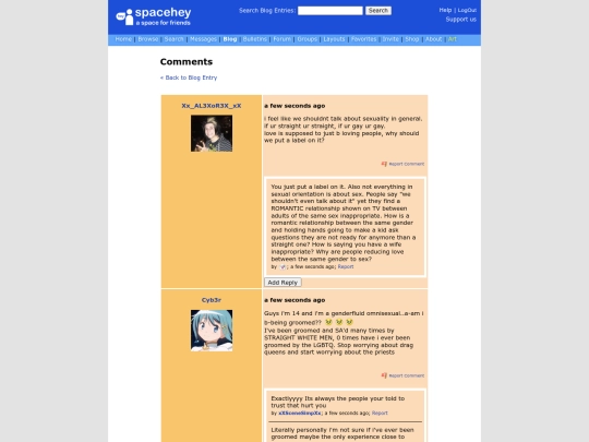 spacehey/blog resources/pics/7-10-23/archive/Comments - Not socially acceptable to target young children's sexuality_comments_1 - Blog — Page 2 SpaceHey screenshot