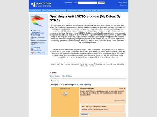 spacehey/blog resources/pics/7-10-23/archive/Spacehey's Anti LGBTQ problem (My Defeat By SYRA) - LGBTQIA Alliance (Read Blog)'s Blog SpaceHey screenshot