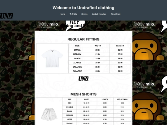SIZING INFORMATION screenshot