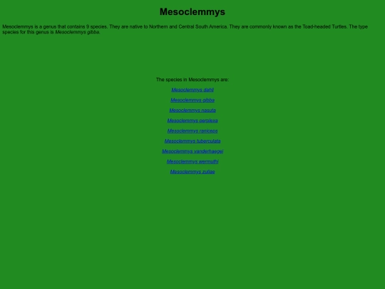 chelonians/testudinata/testudines/pleurodira/cheloidea/chelidae/chelinae/mesoclemmys screenshot