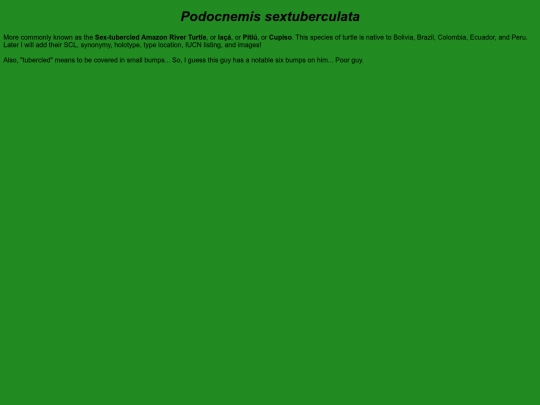 chelonians/testudinata/testudines/pleurodira/pelomedusoidea/podocnemididae/podocnemidinae/podocnemis/sextuberculata screenshot
