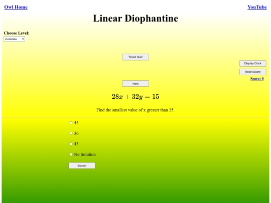 Linear Diophontaine Quiz/linear diophontaine screenshot