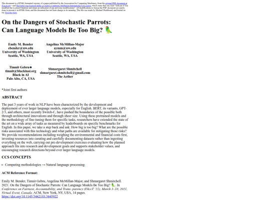 archive/On the Dangers of Stochastic Parrots Can Language Models Be Too Big screenshot